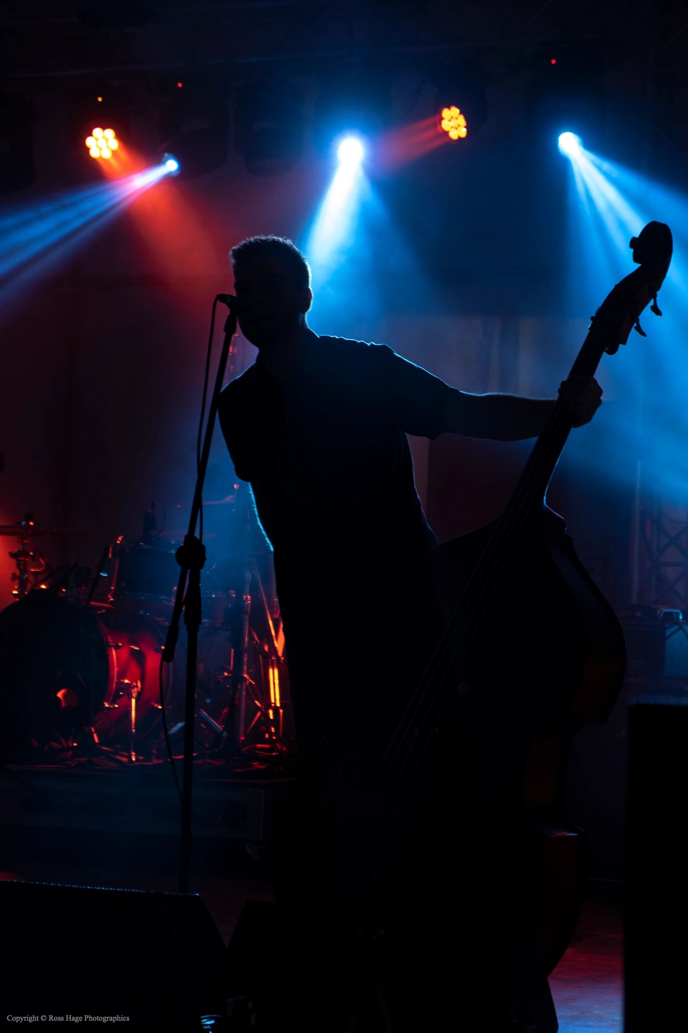 Silhouette of a musician playing bass guitar on stage with vibrant red and blue lights.