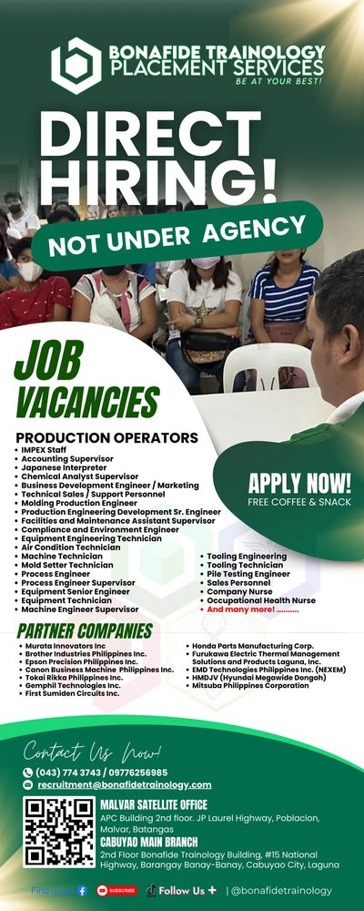 Direct hiring event by Bonafide Trainology with various job vacancies for production operators and more.