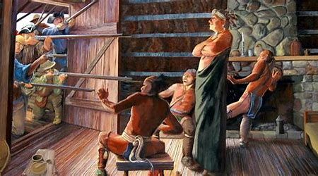 The murder of Chief Cornstalk at Point Pleasant in 1777. It was reported that when the door opened, with muzzles pointed at him, he stood and crossed his arms in defiance. He was shot six times and never showed fear.