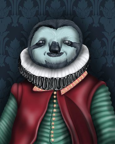 A regal sloth dressed in Renaissance attire with a ruffled collar.