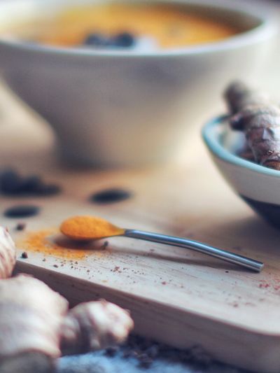 spices, turmeric, bowl, spoon, ginger, fresh, dried, meal