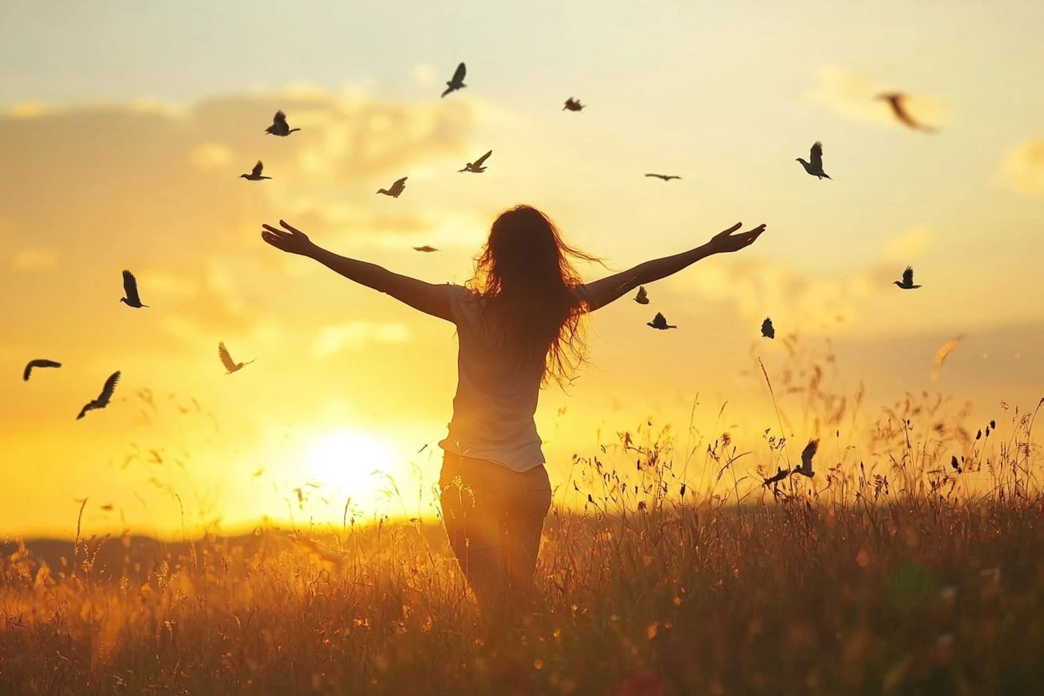 Person with arms outstretched in golden sunset surrounded by birds.