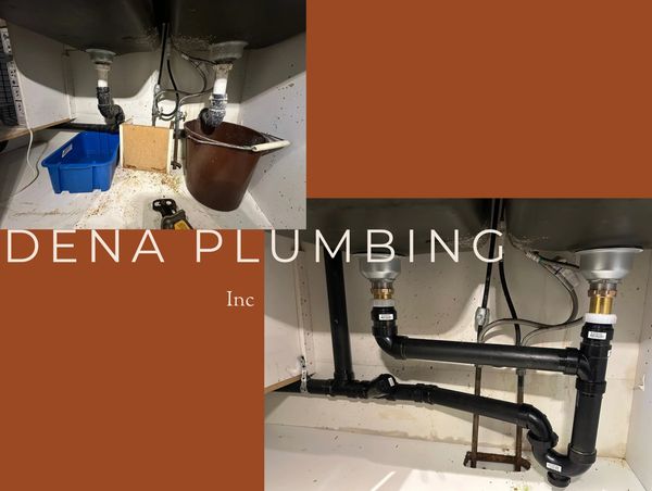 Before photo of old plumbing under a sink with buckets and tools.