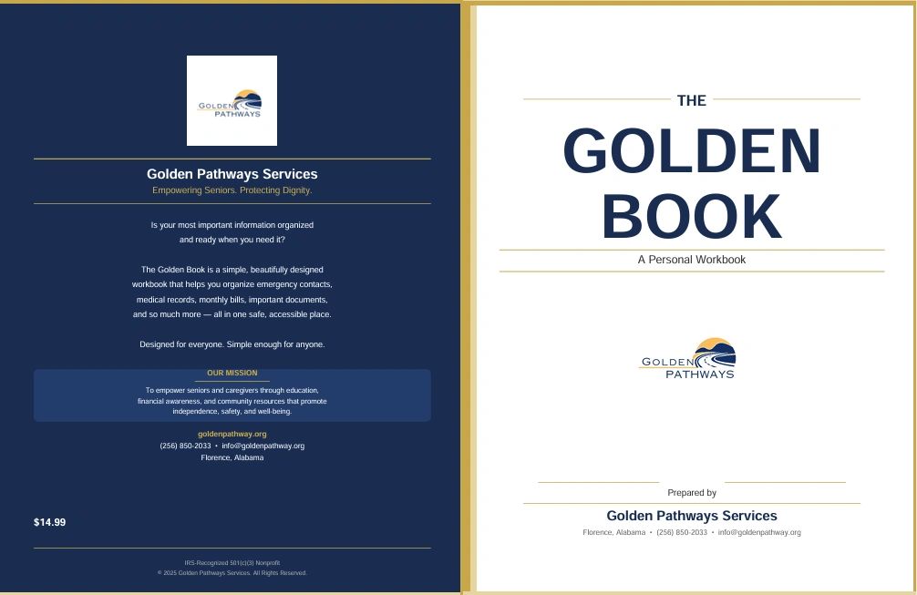 Cover of The Golden Book, a personal workbook by Golden Pathways Services for seniors.