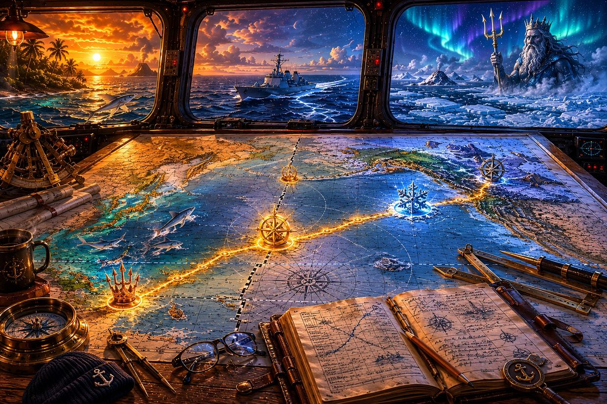 A navigational map with glowing markers and a giant sea god outside the window.
