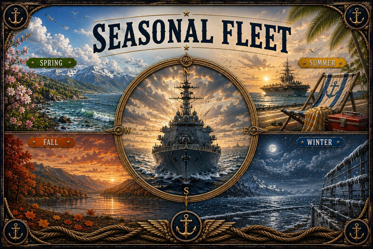 A naval fleet depicted through four seasons around a central warship image.