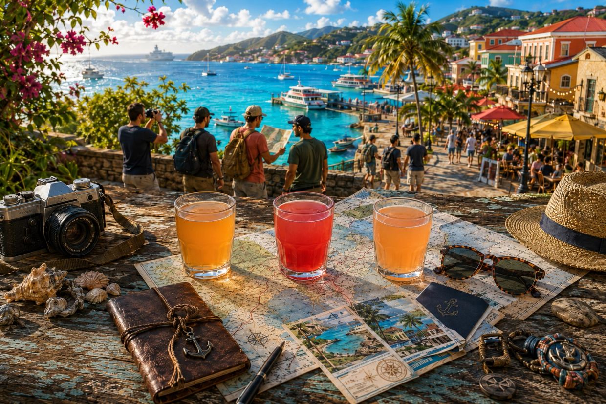Travel setup with drinks, map, camera, and tourists overlooking a vibrant coastal town.