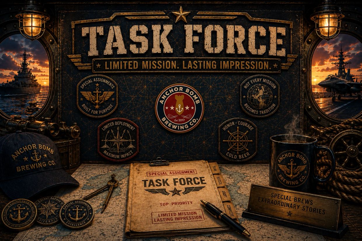 Military-themed brewing company display with navy ship views at sunset.