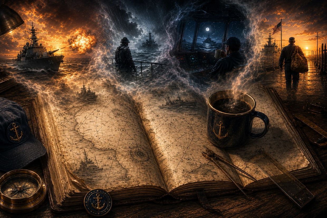 A navy-themed scene with ships, sailors, and a magical map and coffee cup.