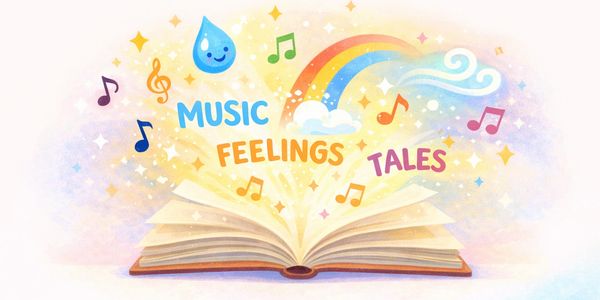 An open book with colorful music notes, a rainbow, and words like music, feelings, and tales.