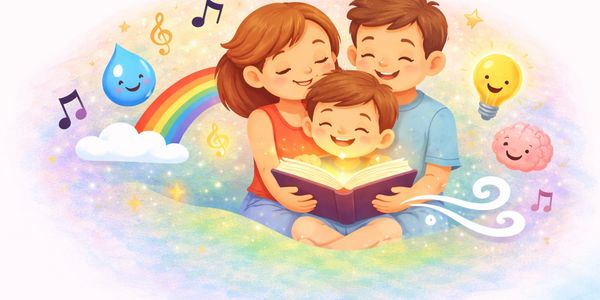 A happy family reads a glowing book surrounded by colorful, cheerful symbols of creativity and learning.