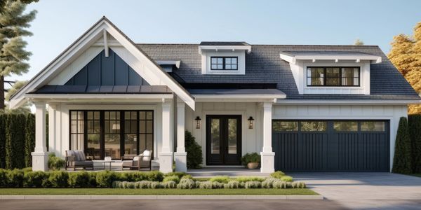 Modern farmhouse with black and white exterior and cozy front porch seating.