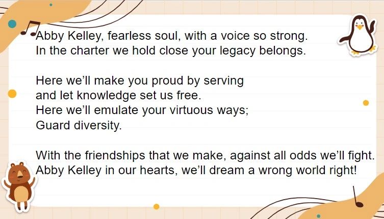 The Abby Kelley Foster Charter School anthem, as taught by elementary school music teacher Deanna Yoder (photo submitted) The Abby Kelley Foster Charter School anthem, as taught by elementary school music teacher Deanna Yoder (photo submitted)