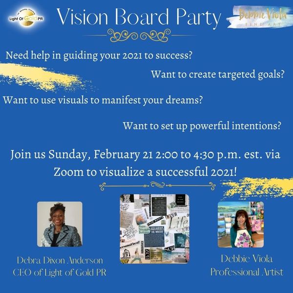 Vision Board Party invitation for February 21, 2021, hosted by Debra Dixon Anderson and Debbie Viola via Zoom.