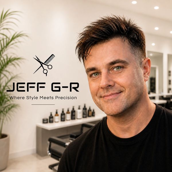 A man smiling in a stylish barbershop with the logo 'JEFF G-R, Where Style Meets Precision'.