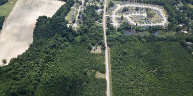 Aerial view of a road dividing dense forest and a residential area.