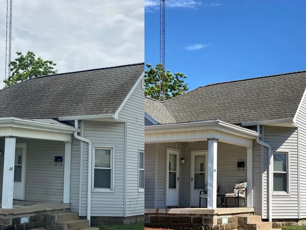 Before and after of soft wash roof cleaning