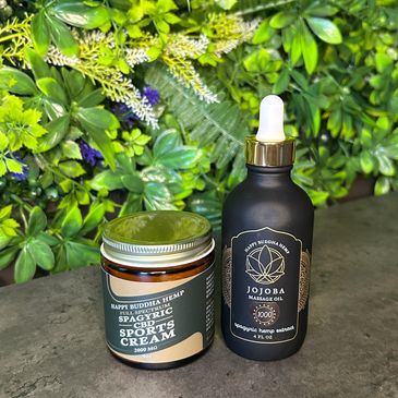 photos of products with CBD used in massage and facails to help heal the skin and body