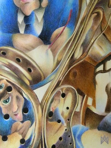 Surreal distorted self portrait pencil drawing