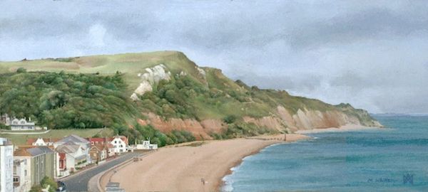 Acrylic landscape painting of Seaton Beach, Axmouth, sea and cliffs on East Devon's Jurassic Coast