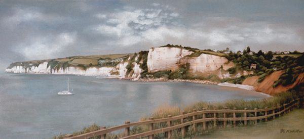 Acrylic landscape painting of Seaton Hole, the sea and Beer cliffs in East Devon, England