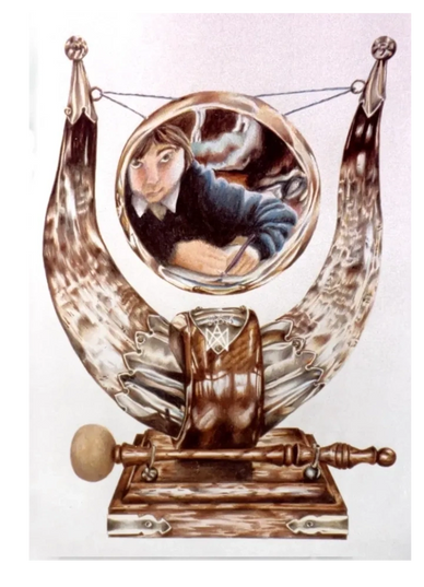 Coloured pencil drawing of a gang with distorted self portrait reflection