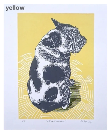 Artistic print of a black and white dog on a yellow patterned background.
