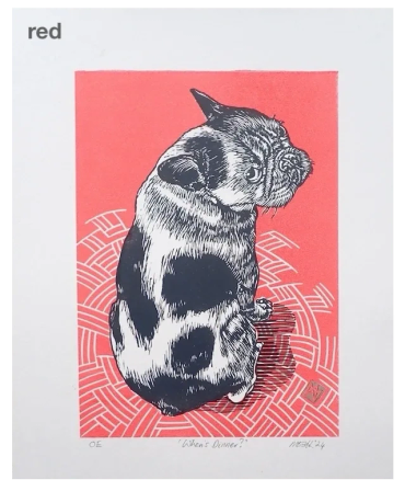 Black and white cat illustration on a red patterned background.