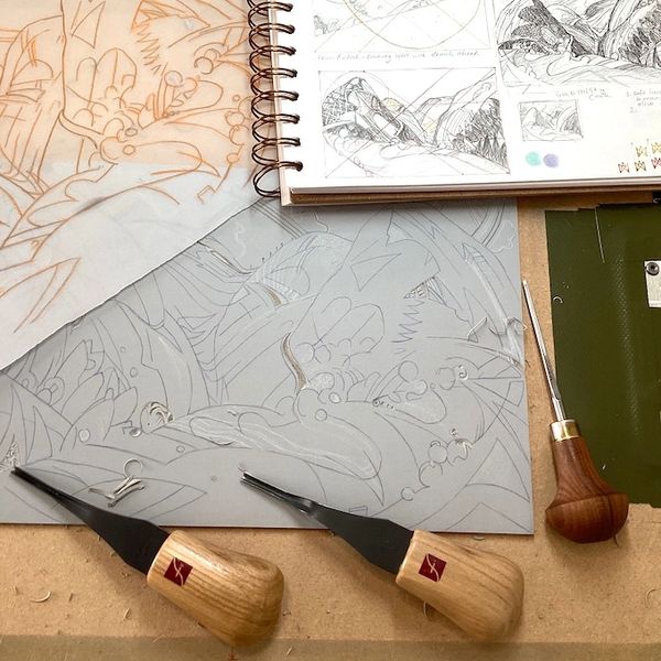 An early stage in the making of my linocut 'Beyond Cwmythig'