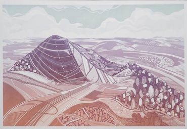 Stylized landscape artwork with hills, roads, and trees in muted pastel tones.