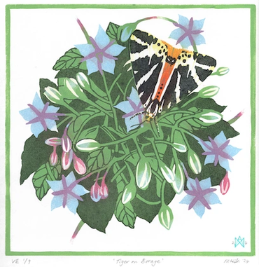 Illustration of a butterfly on colorful flowers with green leaves.