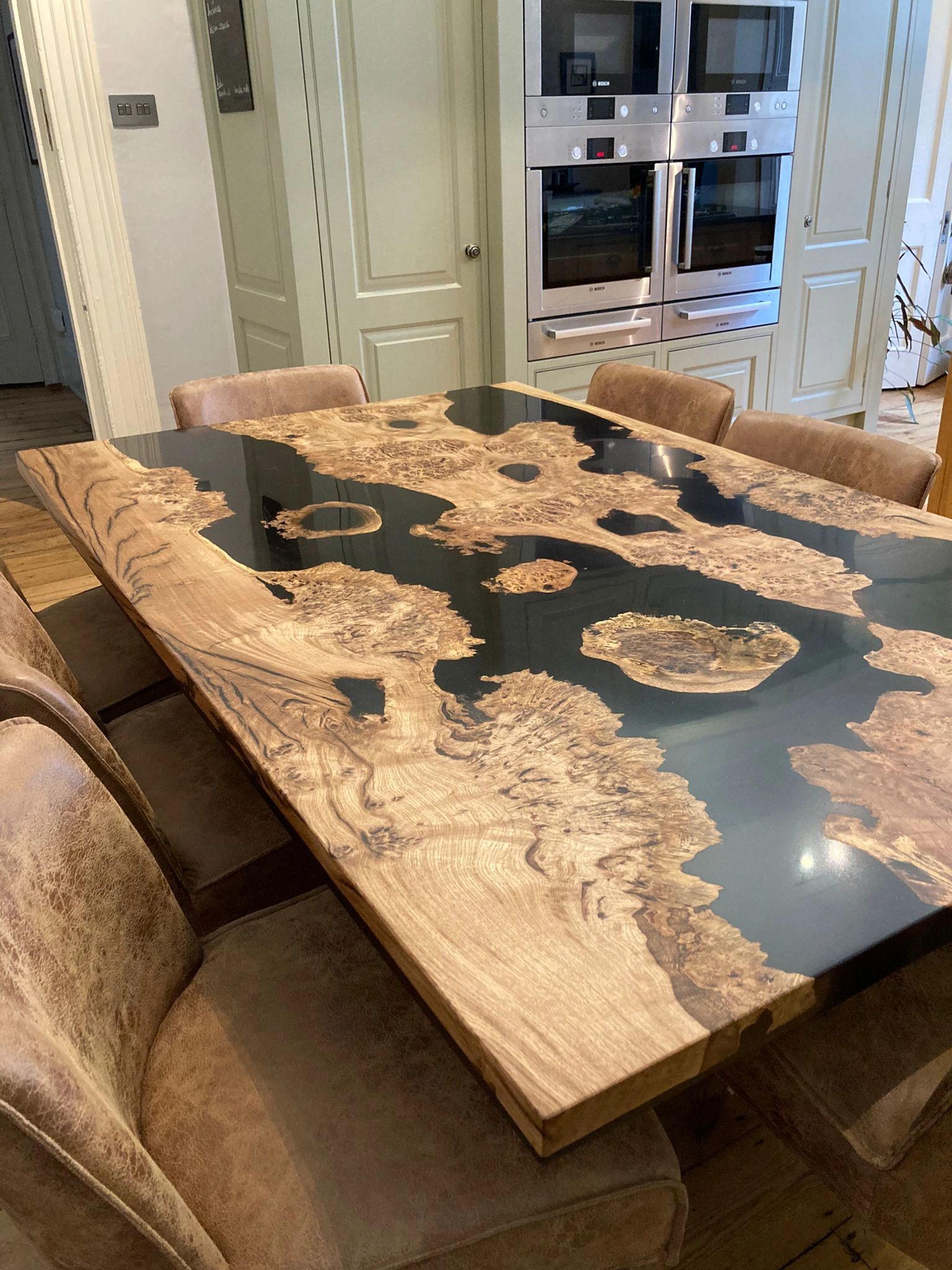 Full Burr Oak, Resin Island Dining Table