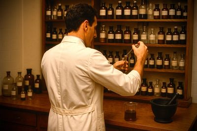 1980s chemist in white lab coat works with glassware in vintage apothecary lab