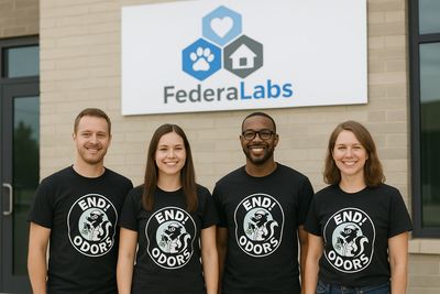 FederaLabs team outside lab in End! Odors shirts, science and care united.