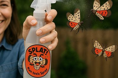 Woman spraying Splat! Fly non-toxic spray at spotted lanternflies in sunny backyard