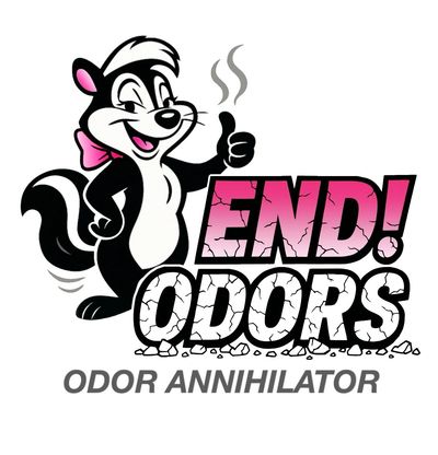 Cartoon skunk mascot giving thumbs-up beside “END! ODORS” logo with tagline “Odor Annihilator”