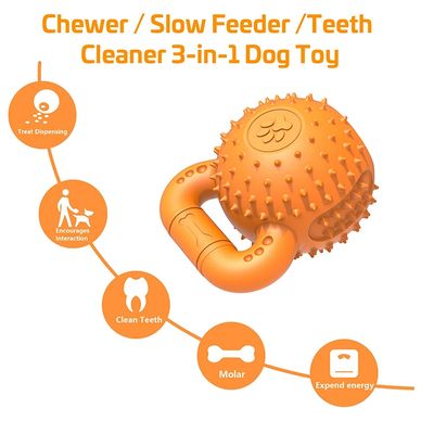 Durable orange dog chew toy and slow feeder with teeth cleaner