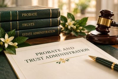 Books and documents on probate and trust administration with a gavel and pen.