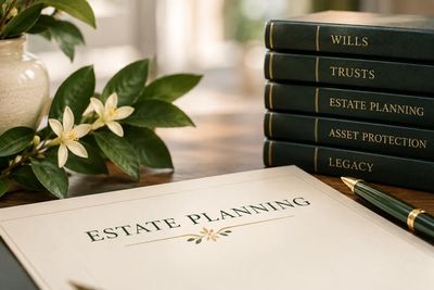Books and document on estate planning with flowers nearby.