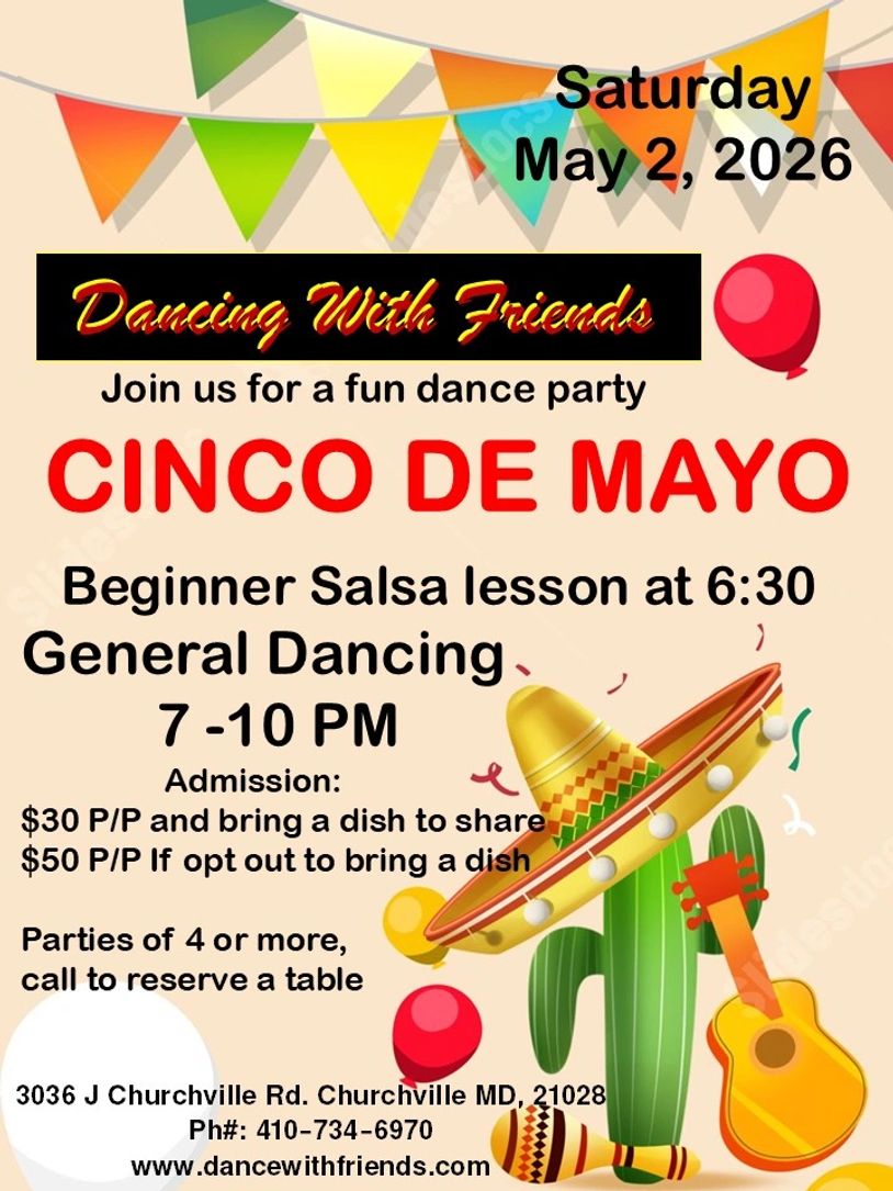Cinco de Mayo dance party with salsa lessons, May 2, 2026, Churchville MD.