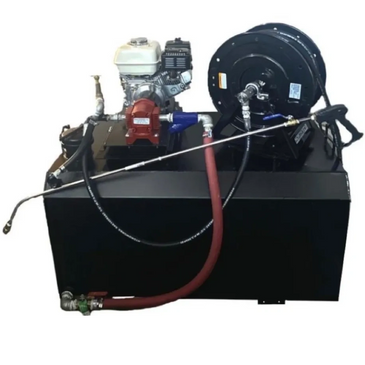 Industrial pressure washer with a motor, hose reel, and spray gun attached to a black tank.