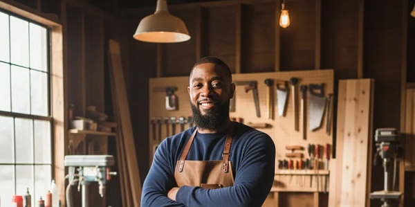 Carpenter in workshop smiling with arms crossed, surrounded by tools.