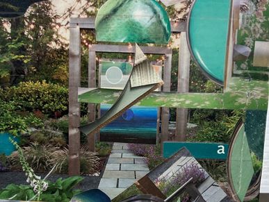An artistic outdoor display with mirrors and geometric shapes in a garden.