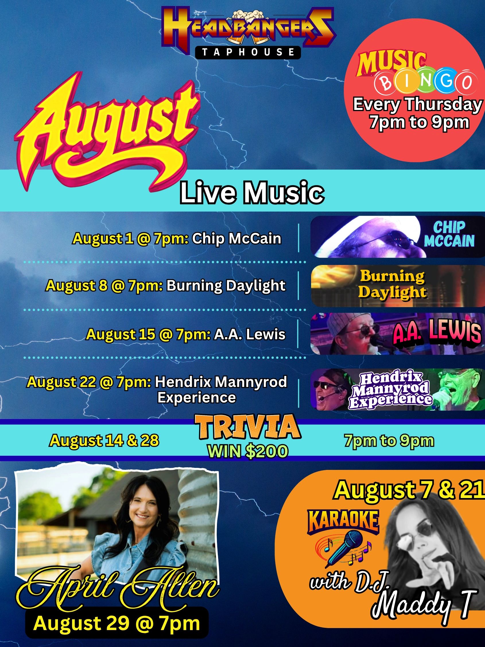 August live music and events lineup at Headbangers Taphouse.