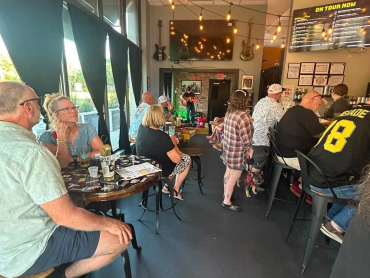People enjoying live music in a cozy bar setting.
