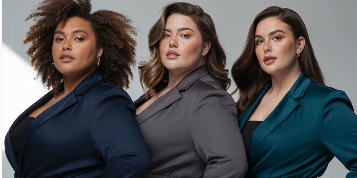 Three confident women in stylish blazers pose together against a neutral background.