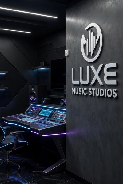 Modern music studio with sleek design and neon lighting.