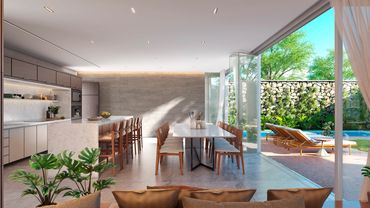 Projeto arquitetura de interiores , cozinha integrada, área de lazer, bancada em ilha, piscina