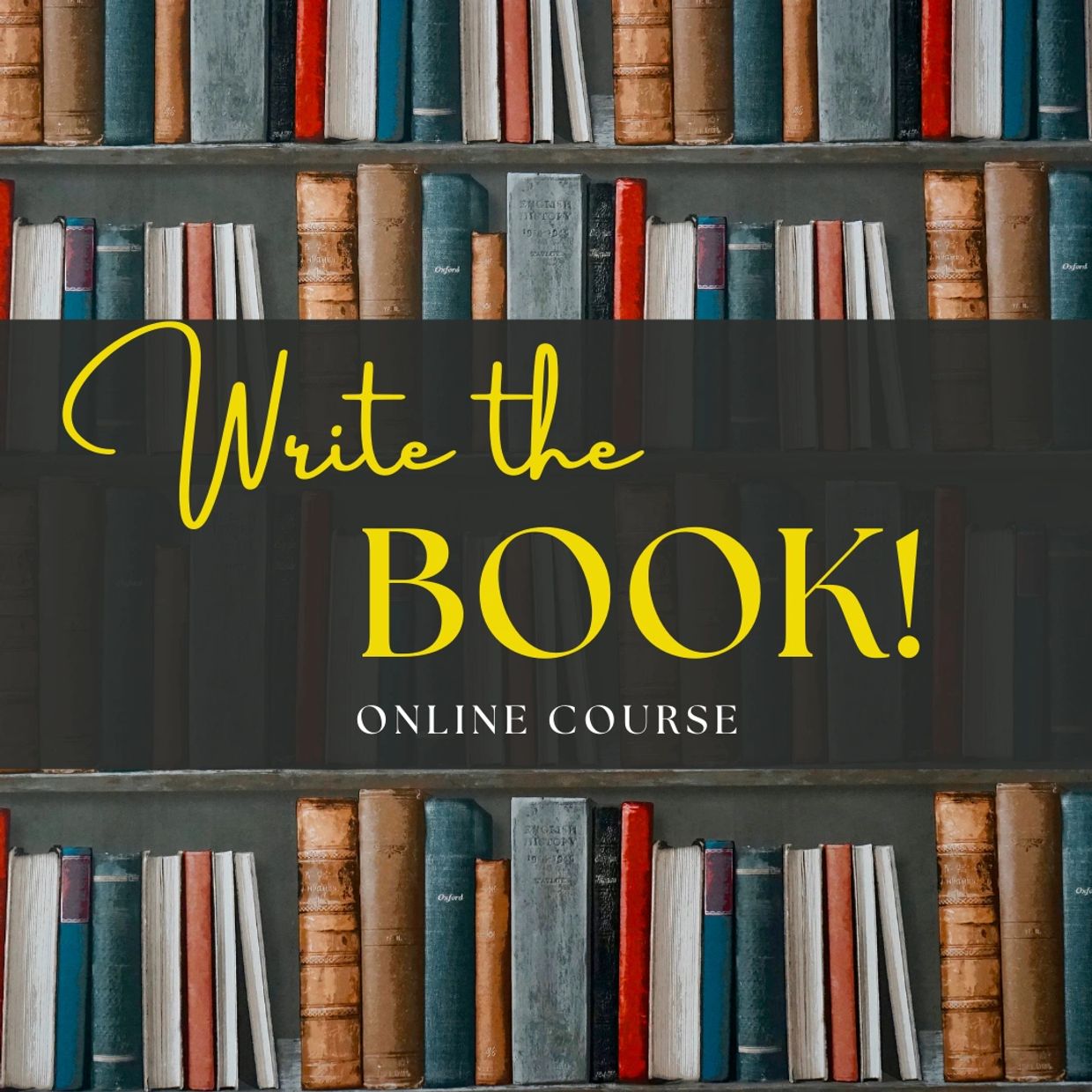 Promotional image for an online book writing course with a bookshelf background.