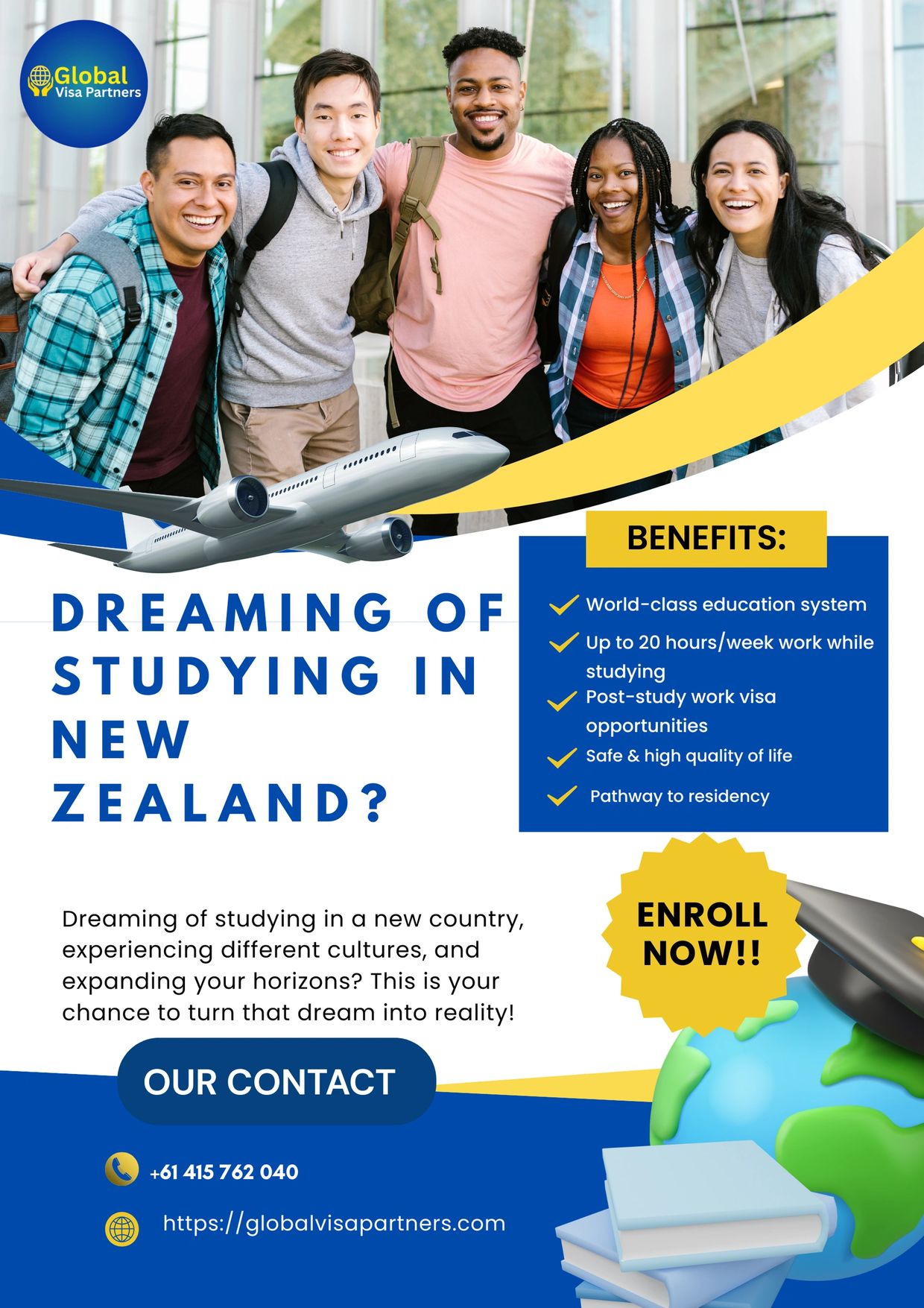 Group of diverse students smiling with airplane and study benefits for New Zealand.